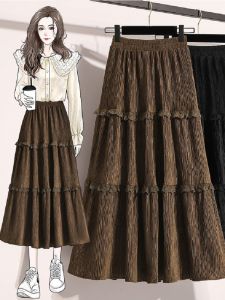 Brand Discount Women's Clothing Autumn and Winter Velvet Pleated Tiered Skirt High Waist A-line Dress Chubby Girl Cover Slimming Skirt