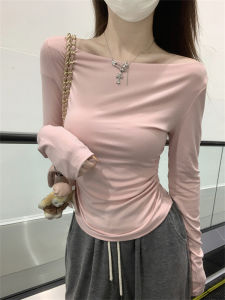 Pink One-Shoulder Base T-Shirt Womens Wearable Slim Fit Korean Style Top Fashionable Outerwear Breathable Cotton Long Sleeve