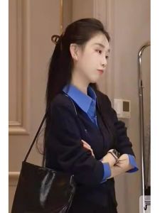 Patchwork Fake Two-Piece Korean Style Fashion Preppy Style Elegant Chic Long Sleeve Sweater Coat Casual Tops Knitting Cardigan