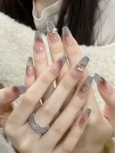 INS Cold Feeling High Grade Gray Nail Wear Nail Mid Length Long Length Ice Transparent Gradient Blush with Diamond White Fake Nail Tip
