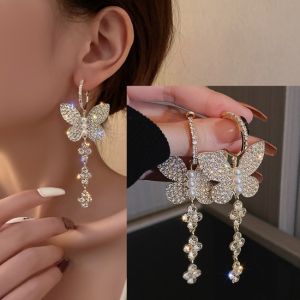 S925 Silver Needle Diamond Butterfly Earrings Korean Personality Trendy Fashion Tassel Earrings Temperament Woman Shiny Zircon Earrings