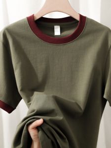 เสื้อยืดคอกลมแขนสั้นหลวมสไตล์อเมริกันย้อนยุคสำหรับผู้หญิงในช่วงฤดูร้อน สีเขียวเทา เสื้อตัวบนแบบลำลองสำหรับนักเรียน