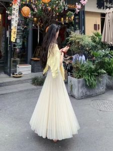 Black A-Line Skirt Midi High Waist Gauze Womens Summer New Style Slimming Drapey Half Body Fairy Skirt Polyester Fabric