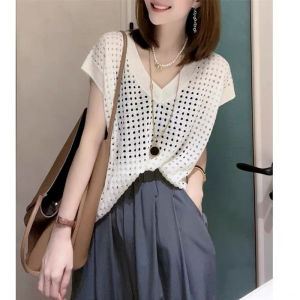 Áo Thun Nữ Cổ Chữ V Khoét Rỗng Dệt Kim Trơn Hàng Đầu Thường Ngày Mùa Hè Áo Thun Không Tay Phong Cách Hàn Quốc Polera Blanca