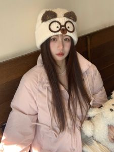 Cute Cat Ear Knitted Hat Womens Winter Warm Large Circumference Face Slimming Cartoon Cat Glasses Ear Protection Woolen Cap