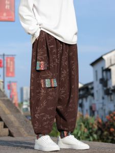 Mens Retro Chinese Style Corduroy Wide Leg Harlan Pants Loose Fit Casual Trousers Polyester Fiber Autumn Season Long Pants