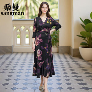 SANGMAN | Flattering V-neck Irregular Hem Wrap Dress Long Summer