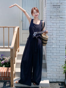 La Chapelle Womens Sleeveless Jumpsuit High Waist Wide Leg Pants Deep Blue Casual Fashionable High Quality Spring Summer