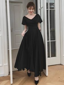 Elegant Black Wedding Dress French Evening Gown Womens Luxury Petite Size Suitable for Daily Wear Midi A-Line Skirt
