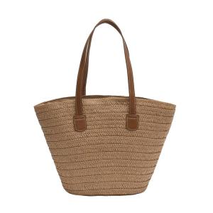 Womens Large Capacity Straw Woven Bucket Bag Beach Tote Bag Casual Shoulder Bag Soft Structure Fashionable Neutral Style