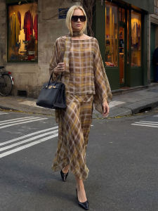 HH Women Fashion Plaid Skirts Suits Casual Loose Scarf Collar Cape Blouse Tops High Waist Midi Skirt 2026 Trend High Street Sets