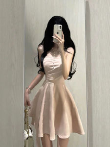 ฝรั่งเศส เรียบหรู พรางหุ่น ไม่มีสาย เดรส ผู้หญิง ความปรารถนาอันบริสุทธิ์ เซ็กซี่ สีชมพู กระโปรงสั้น สูง เอว ทรงเอ ฤดูร้อน แฟชั่น เดรส