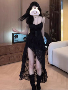 ชุดเดรสยาวคอวีแขนกุดผ้าลูกไม้สไตล์เซ็กซี่สำหรับผู้หญิงไซส์ใหญ่ในช่วงฤดูร้อน กระโปรงทรงเอเอวสูง แขนกุด ไม่มีซิป