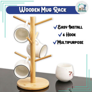 L&L Mug Wooden Tree Rack Cup Holder Hanging Japanese Style 6 Hook Shelves Coffee Kitchenware Organiser Tempat Penyangkut Cawan Kayu