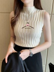 Áo Ba Lỗ Cổ Cao Mùa Xuân Hè Không Tay Cổ Tròn Dáng Ôm Vừa Vặn Cho Nữ Chất Liệu Dệt Kim Màu Trơn Dài Ngắn Thường Ngày