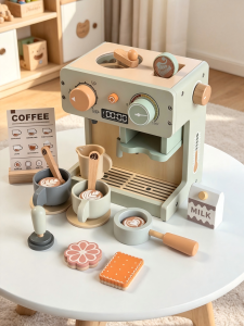 Wooden Realistic Espresso Making Toy Coffee Machine for Children Pretend Play