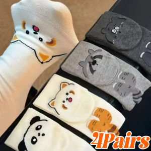 ถุงเท้ายาวครึ่งน่องลายการ์ตูน3D 4คู่ถุงเท้าฤดูใบไม้ร่วงและฤดูหนาวผ้าฝ้ายระบายอากาศได้ดีถุงเท้าสูงนุ่มสบาย