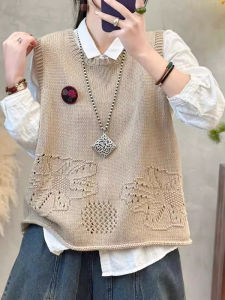 Áo Len Dệt Kim Không Tay Cổ Tròn Màu Trơn Cotton Cho Nữ Áo Khoác Ngoài Rộng Rãi Mùa Xuân Thu Áo Len Cardigan Phong Cách Hàn Quốc