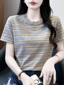 HUAXUNRAN | Fashionable Loose Slimming Short Sleeve T-shirt with Round Neck and Stripe Pattern