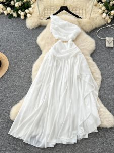 Elegant French Atmosphere Hollow out Waist Slimming Asymmetrical Shoulder Chiffon Dress Womens Spring Fashion New Arrival