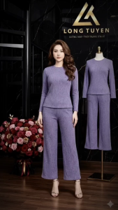 Đồ bộ nữ vải tiêu dày dặn áo cổ tròn tay dài quần ống suông