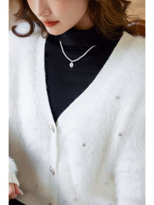 WANGGONGZHU | Princess Style Knitted Open Cardigan Womens Autumn Winter Loose Fashion Pearl Embellished Elegant Spirit Outerwear