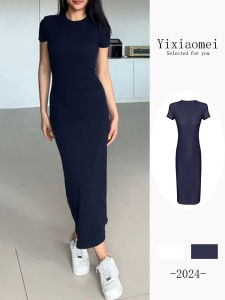 ชุดเดรสยาวถักสีน้ำเงินเข้มเซ็กซี่สำหรับผู้หญิงในช่วงฤดูร้อนปี 2025 กระโปรงทรงเอเข้ารูปเอวสูง กระโปรงสั้น ชุดเดรสยาวคลุมเข่า