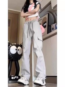 Gray Fleece Lined Loose Straight Leg Cargo Pants Womens Autumn Winter New Style Waterproof Windproof Hiking Trousers