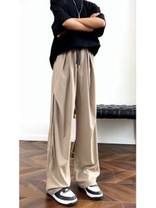 Khaki Ruched Ice Silk Pants Mens Summer Loose Straight-leg Casual Pants High Street Vibe Drape Thin Suit Pants
