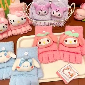 Găng Tay Lông Xù Hở Ngón Hình kuromi melody Dễ Thương Có Thể Chạm Màn Hình Cảm Ứng Cho Bé Từ 2-12Tuổi