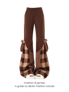 กางเกงขายาวทรงหลวมสีน้ำตาลลายสก็อตสไตล์ใหม่ฤดูใบไม้ร่วง/ฤดูหนาว กางเกงขายาวทรงหลวมสไตล์ใหม่ปี 2025 ทรงลำลอง เอวยางยืด กางเกงขายาวทรงหลวม