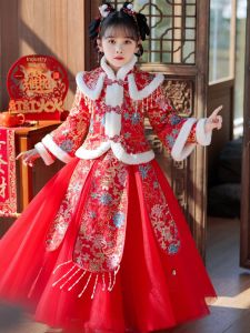 Red Embroidered Fleece Lined Cheongsam Hanfu Childrens Clothing Winter Thickened Long Sleeve Festive New Year Visit Costume for Girls