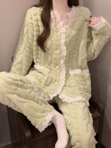 Winter Pajamas Womens Coral Fleece Thickened with Flannel Sweet Lace Fancy Autumn and Winter Homewear Suit