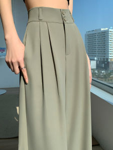 กางเกงขากว้างผ้าไหมน้ําแข็งเอวสูงสําหรับผู้หญิงฤดูร้อนสไตล์บางผ้าฝ้ายยืดกางเกงลําลองพร้อมกระเป๋าสีเขียว