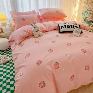 Nordic Style Pure Cotton Cartoon Strawberry Bedding Set Dormitory Friendly 1.5m Bed Sheet Cover Bed Canopy Four Piece Set