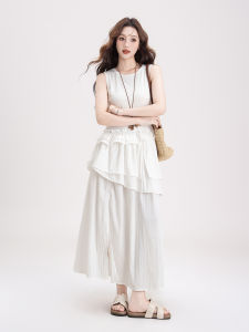SHANGWEILUO | White Irregular Multi-layered Spliced Tank Dress Slim Fitting with Slit