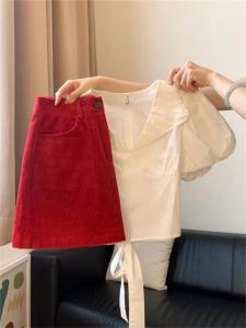 Womens Back-To-School Fashion Bubble-Sleeve Knot-tying Butterfly-Design Top And A-Line Mini Skirt Two-Piece Set Summer Outfit