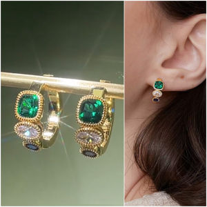 Huitan Gold Color Dainty Hoop Earrings with Green/White/Blue Cubic Zirconia Fashion Women Circle Earrings Luxury Trendy Jewelry