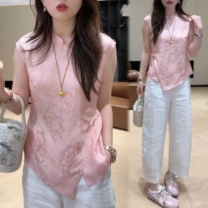 Shalldoer | ชุดเสื้อเชิ้ตแขนกุดและกางเกงขายาวลำลองสำหรับผู้หญิงในฤดูร้อน ชุดสองชิ้น ลายดอกไม้แบบไม่สมมาตร สไตล์ชาติพันธุ์ แฟชั่นลำลอง