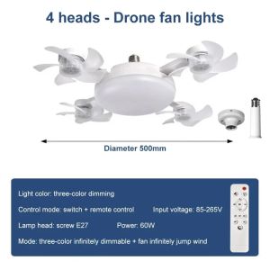 Ceiling Fan 2in 1 Modern LED Smart Hanging Fan Remote Control 3 Speeds E27 Base Foldable Design Bedroom Living Room Decor