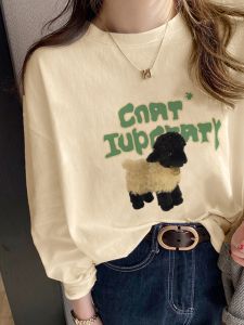 Áo Thun Cotton Dài Tay Nữ Mùa Thu Đông 2025 Áo Lót Lông Cừu Rộng Rãi Thời Trang Mới Về Chất Liệu Cotton Phong Cách Châu Âu