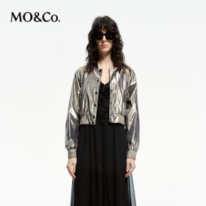 MO&Co. Rockabilly Short Baseball Jacket Metal Light Sensing Street Style Womens Fashion Spring Collection Button Closure