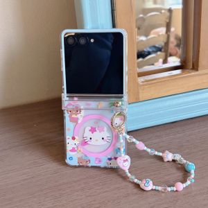 Sanrio | Ốp Điện Thoại Sanrio Hello Kitty Hoạt Hình Hàn Quốc Dành Cho Samsung Galaxy Z Flip 8/7/6/5 Có Giá Đỡ Từ Tính Và Dây Đeo - Chống Sốc Chống Trầy Xước