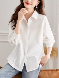 White Cotton Casual Womens Shirt Spring Autumn Base Layer Inner Wear Design Sensation Lightweight Luxury Polo Collar Long Sleeve
