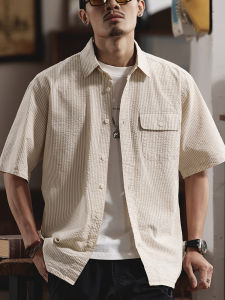 Mens Loose Fit Cotton Shirt Short Sleeve Breathable Cool Feeling American Stripe Top Summer Fashion Casual Wear