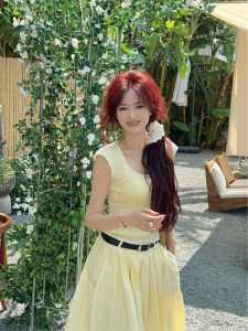 Dopamine Summer Set Womens Yellow Short Top Anti-Aging Outfit Complete Mini Skirt New Two-Piece Trendy Ensemble Tea Flower Cat Brand