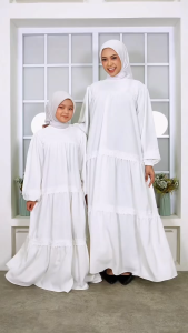 Abiyyuco TA9070 | Gamis Couple Ibu dan Anak Perempuan Hitam Putih Tulang Model Rempel dengan Renda Keliling
