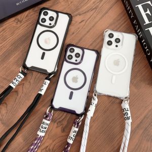 Magnetic Strap Case For iPhone 17 15 13 12 11 14 16 Pro Max Plus Magsafe Crossbody Lanyard Necklace Rope Transparent Clear Cover