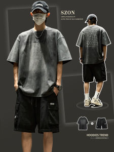 ชุดลำลองสไตล์อเมริกันสำหรับผู้ชายในช่วงฤดูร้อน ชุดสองชิ้นแขนสั้น ทรงหลวม สไตล์ย้อนยุค ใส่ทำงาน กางเกงขาสั้น ดีไซน์เรียบง่าย