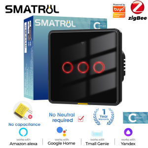 SMATRUL Tuya Zigbee Smart Touch Switch Light Wall Switch No Neutral Wire No Capacitor required 1/2/3 Gang Smart lifeAPP remote control Timing Voice Control On Off switch Tempered glass Electrical For Alexa Google Home Tmall